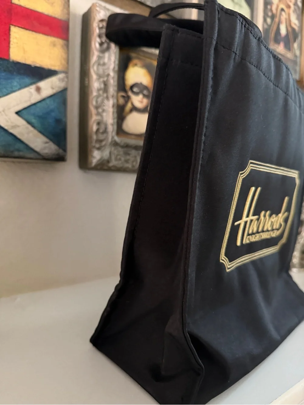 Harrods Nylon Tote Bag 10x10 Gold Embossed Logo‎ Shopper Travel Bag